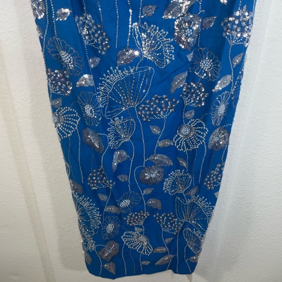 Milly Orion Sequin Embellished Linen Strapless Blue Floral Dress